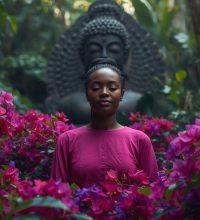 jeune femme noire médite dans une foret tropicale, entourée de fleurs de bougainvilliers, habillée en rose, en arrière plan une grande statut de bouddah (2)